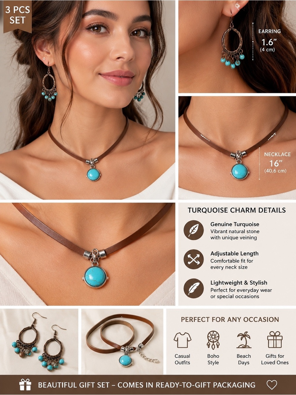 3piceTurquoise Charm 3-Piece Jewelry Set - Brown Choker & Earrings